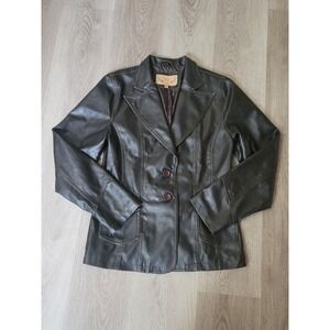 VTG Marcelle Renee Womens M Faux Leather Blazer Jacket Brown Flap Pocket Y2K 90s